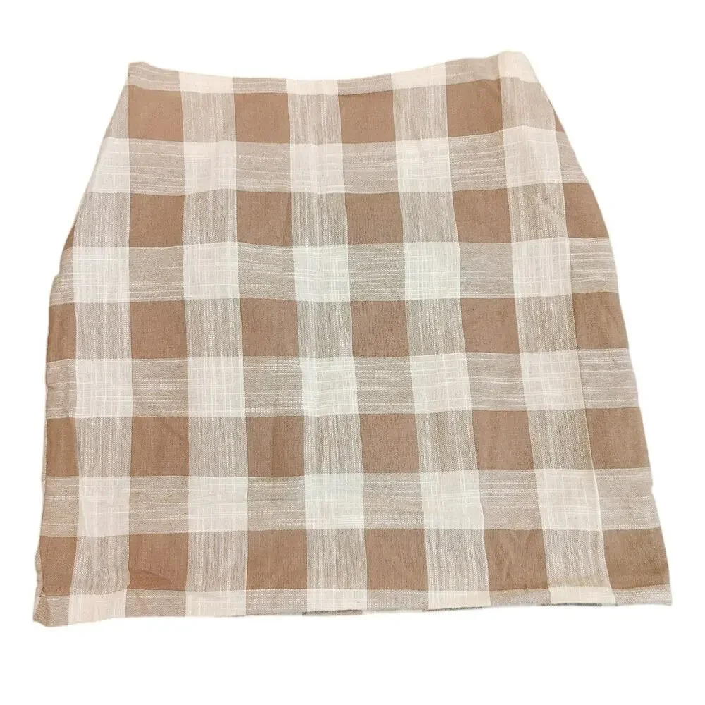 Storets Pencil Mini Skirt Lined Plaid White Brown Vintage Style Womens Small